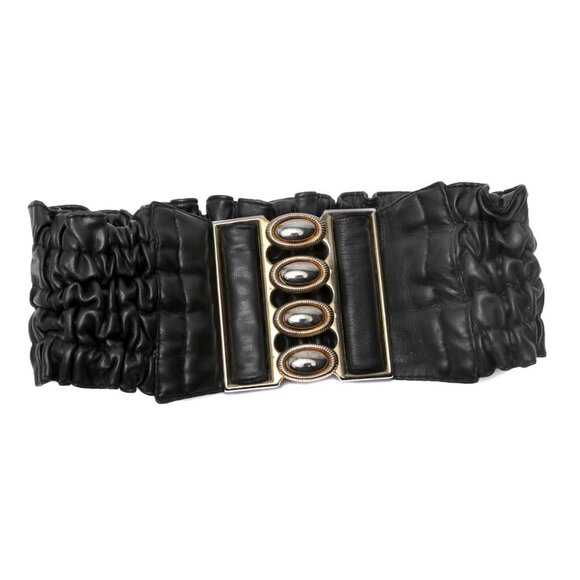 Vegan Faux Leather Wide Cinch Belt Ruffled Black Stretch Waist Band Gold Buckle - Picture 2 of 11